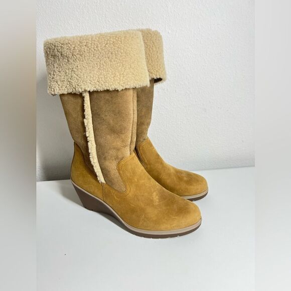 Ecco Adora Boots Wedge Shearling Lined Cuffed Tall Brown Women's Size 40/9-9.5 - Picture 1 of 13